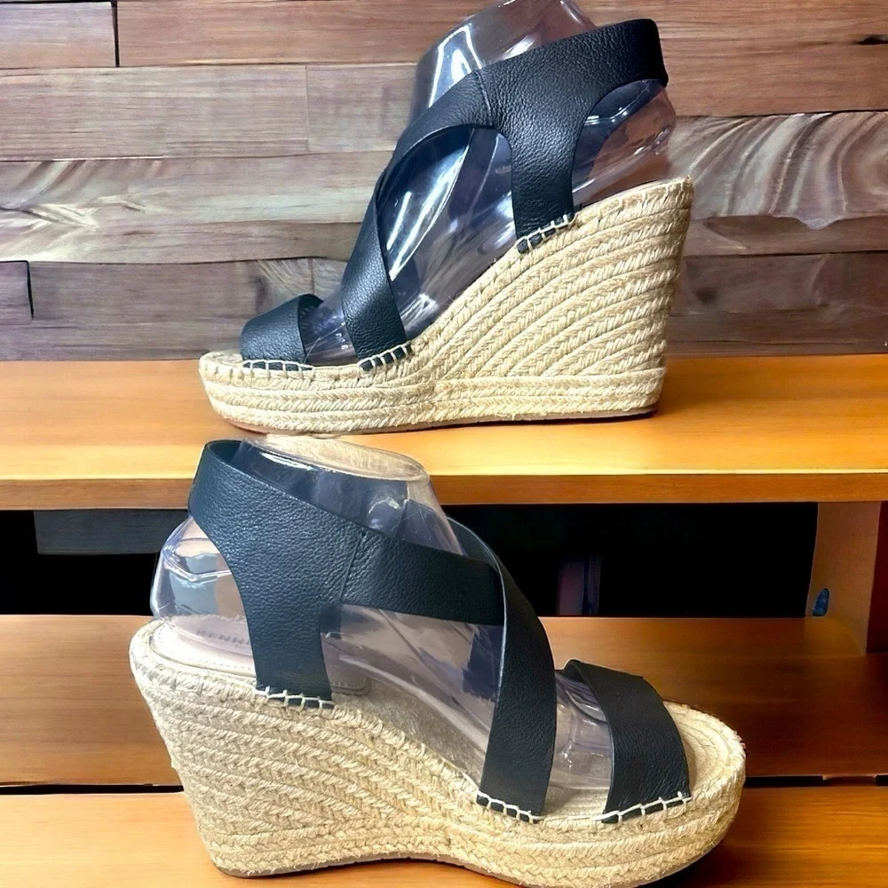 Kenneth Cole NY Olivia Black Cross Strap Leather Wedge Sandals Buckle Closure